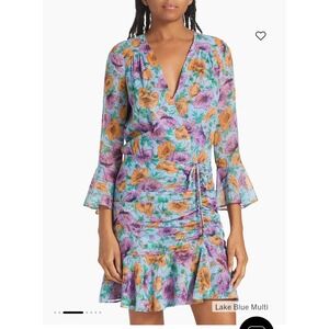 Veronica Beard Floral Print Wrap Dress Ruffle Hem Long Sleeve‎ Lake Blue Multi 8